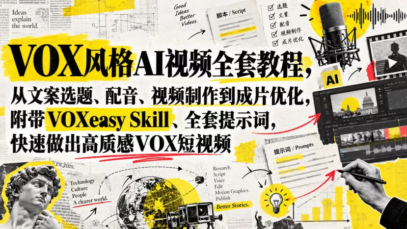 VOX风格AI视频全套教程，从文案选题、配音、视频制作到成片优化，附带VOXeasy Skill、全套提示词，快速做出高质感VOX短视频-奇点库