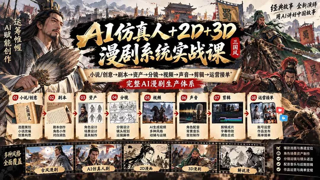 （20685期）AI仿真人+2D+3D漫剧系统实战课：小说/创意→剧本→资产→分镜→视频→声音→剪辑→运营接单，完整AI漫剧生产体系-奇点库