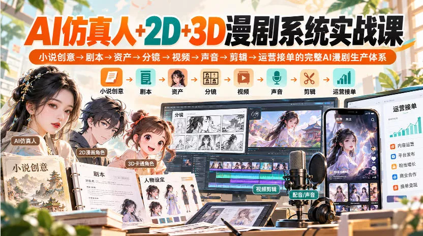 【无水印】AI仿真人+2D+3D漫剧系统实战课，小说创意→剧本→资产→分镜→视频→声音→剪辑→运营接单的完整AI漫剧生产体系-奇点库