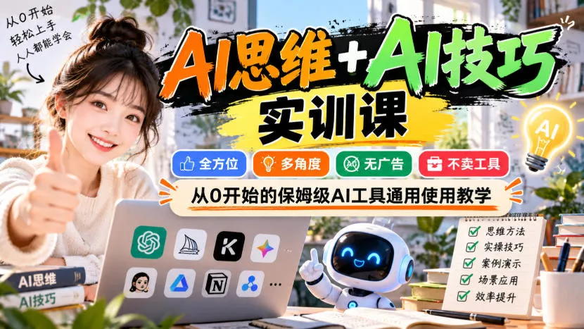 AI思维+AI技巧实训课，全方位、多角度、无广告、不卖工具，从0开始的保姆级AI工具通用使用教学-奇点库