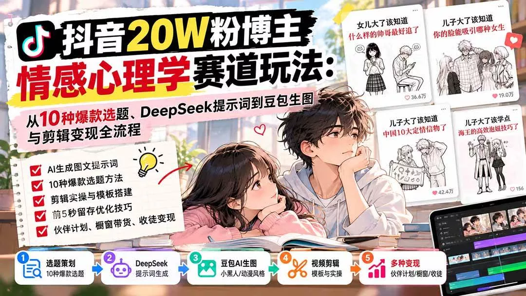 （20688期）抖音20W粉博主-情感心理学赛道玩法：从10种爆款选题、DeepSeek提示词到豆包生图与剪辑变现全流程-奇点库
