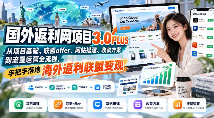 国外返利网项目3.0PLUS，从项目基础、联盟offer、网站搭建、收款方案到流量运营全流程，手把手落地海外返利联盟变现-奇点库