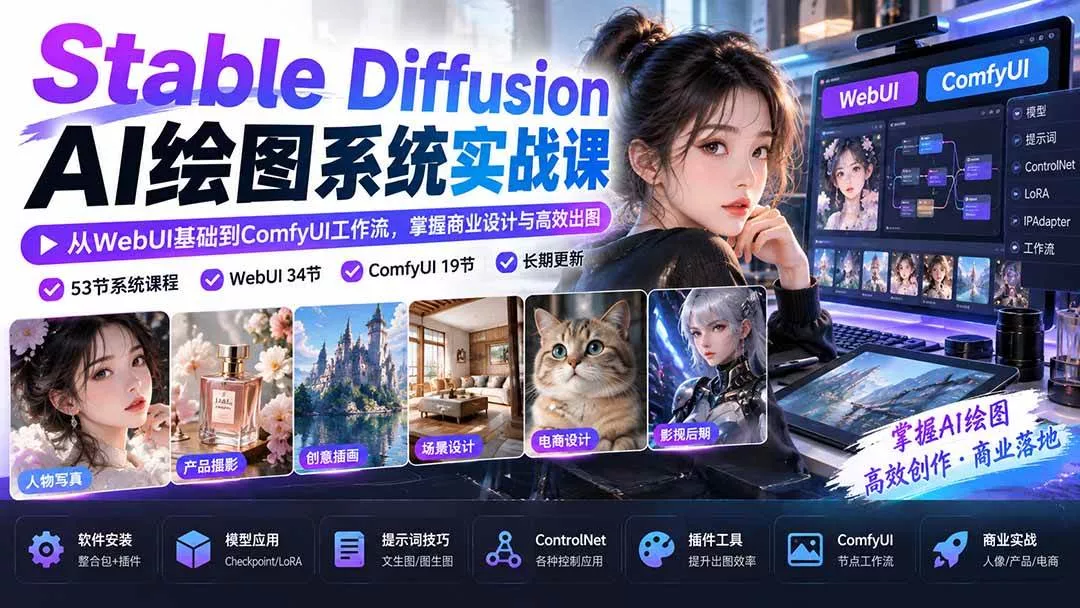 （20678期）Stable Diffusion AI绘图系统实战课：从WebUI基础到ComfyUI工作流，掌握商业设计与高效出图-奇点库