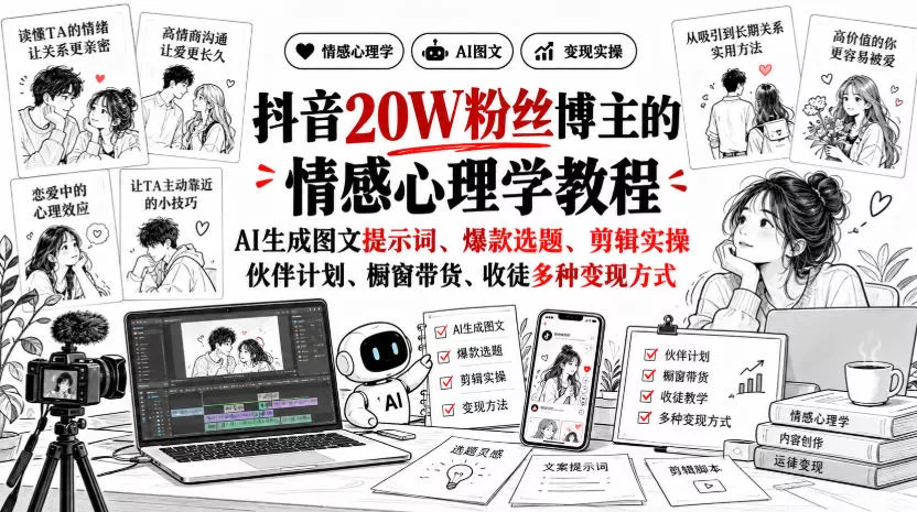 抖音20W粉丝博主的情感心理学教程，AI生成图文提示词、爆款选题、剪辑实操，伙伴计划、橱窗带货、收徒多种变现方式-奇点库