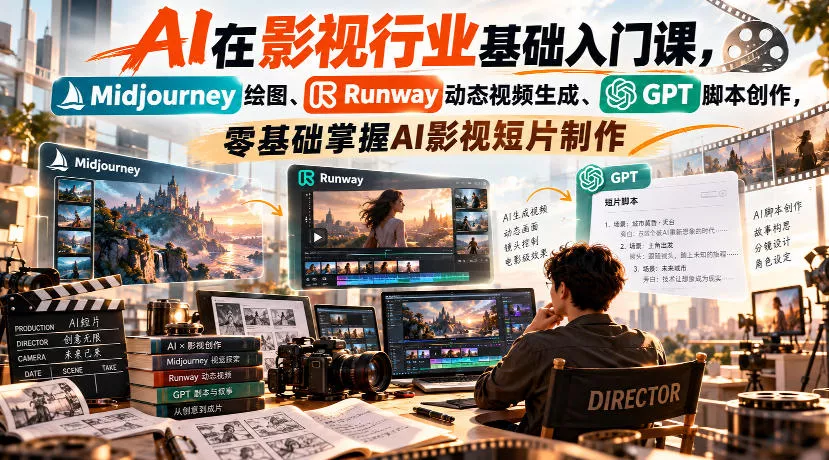 【无水印】AI在影视行业基础入门课，Midjourney绘图、Runway动态视频生成、GPT脚本创作，零基础掌握AI影视短片制作-奇点库