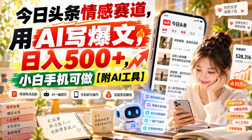 今日头条情感赛道，用AI写爆文，日入500+，小白手机可做【附AI工具】-奇点库