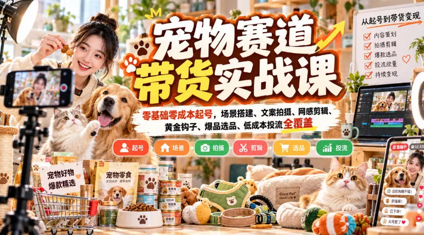 宠物赛道带货实战课，零基础零成本起号，场景搭建、文案拍摄、网感剪辑、黄金钩子、爆品选品、低成本投流全覆盖-奇点库