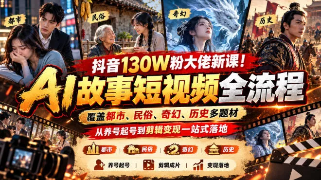 抖音130W粉大佬新课！AI故事短视频全流程，覆盖都市、民俗、奇幻、历史多题材，从养号起号到剪辑变现一站式落地-奇点库
