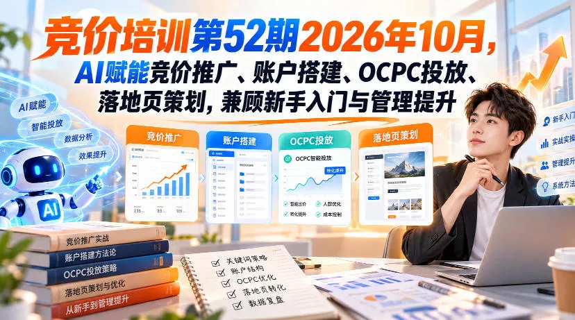 【无水印】竞价培训第52期2026年10月，AI赋能竞价推广、账户搭建、OCPC投放、落地页策划，兼顾新手入门与管理提升-奇点库