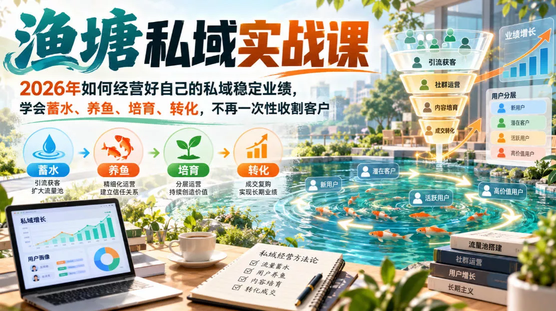 渔塘私域实战课，2026年如何经营好自己的私域稳定业绩，学会蓄水、养鱼、培育、转化，不再一次性收割客户-奇点库
