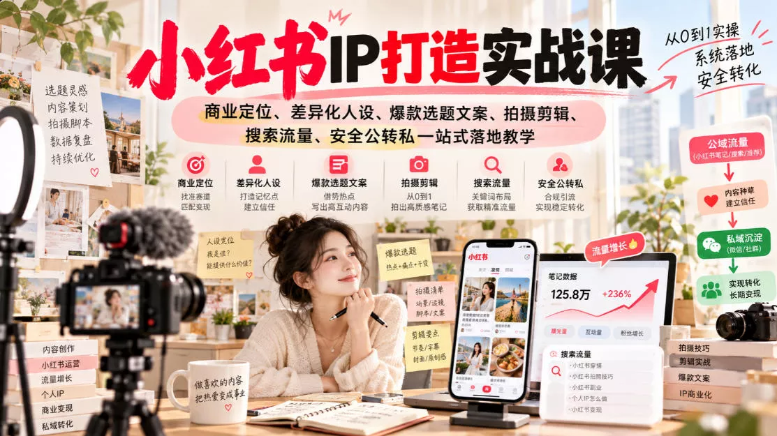 小红书ip打造实战课，商业定位、差异化人设、爆款选题文案、拍摄剪辑、搜索流量、安全公转私一站式落地教学-奇点库