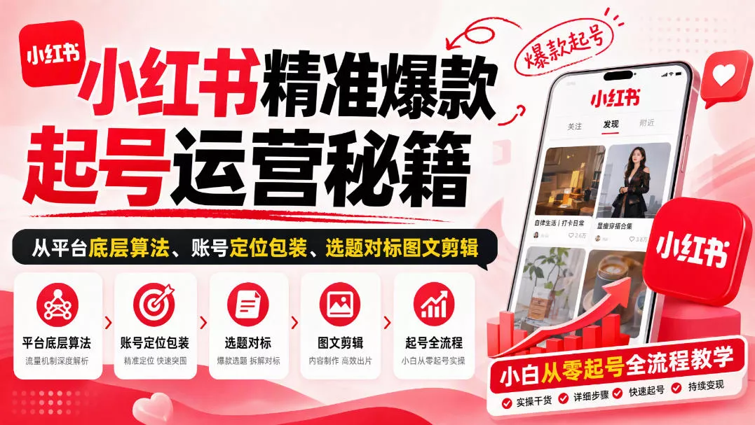 小红书精准爆款起号运营秘籍，从平台底层算法、账号定位包装、选题对标图文剪辑，小白从零起号全流程-奇点库