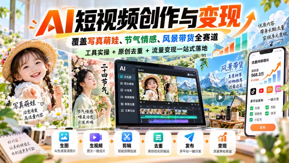 AI短视频创作与变现，覆盖写真萌娃、节气情感、风景带货全赛道，工具实操+原创去重+流量变现一站式落地-奇点库