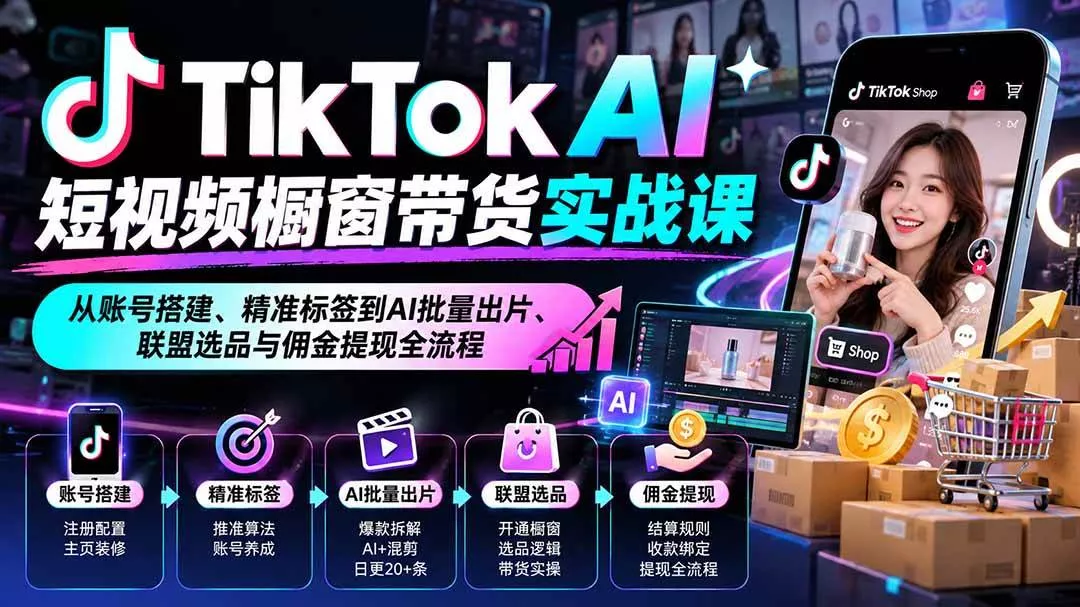 （20725期）TikTok AI短视频橱窗带货实战课：从账号搭建、精准标签到AI批量出片、联盟选品与佣金提现全流程-奇点库