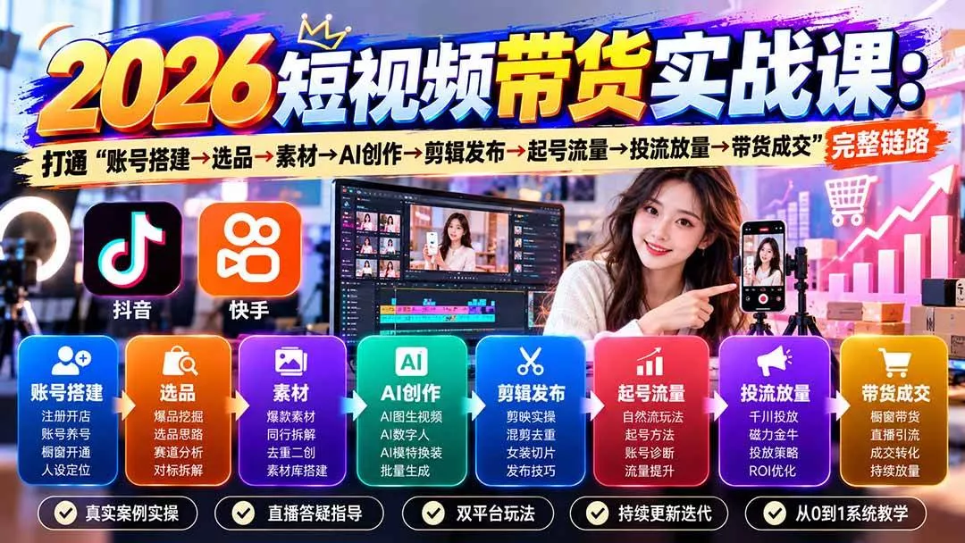 （20731期）2026短视频带货实战课9月：打通“账号搭建→选品→素材→AI创作→剪辑发布→起号流量→投流放量→带货成交”完整链路-奇点库