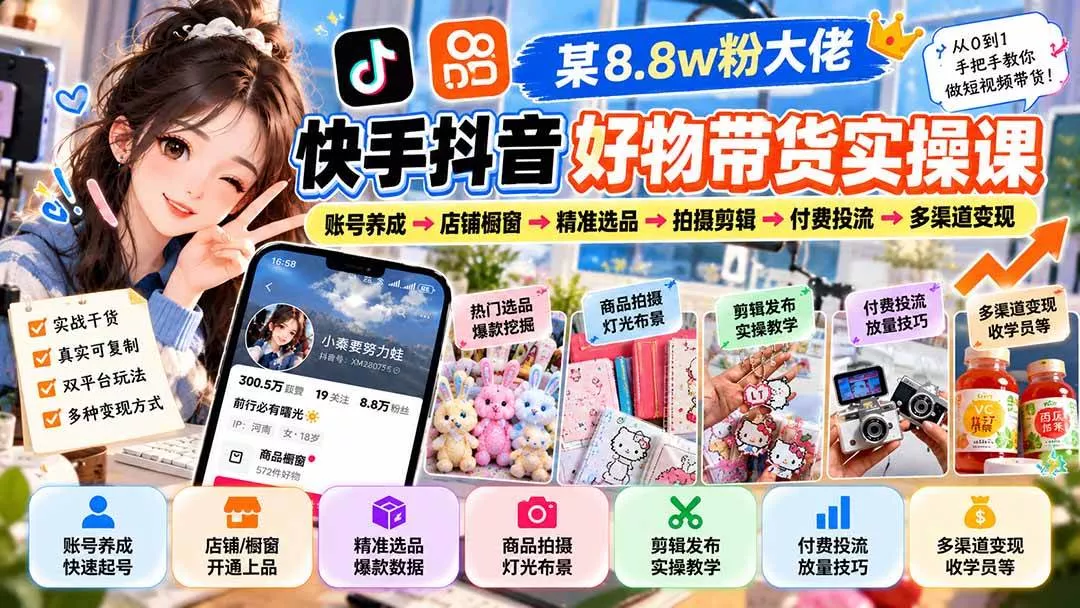 （20733期）某8.8w粉大佬快手抖音好物带货实操课：账号养成→店铺橱窗→精准选品→拍摄剪辑→付费投流→多渠道变现-奇点库