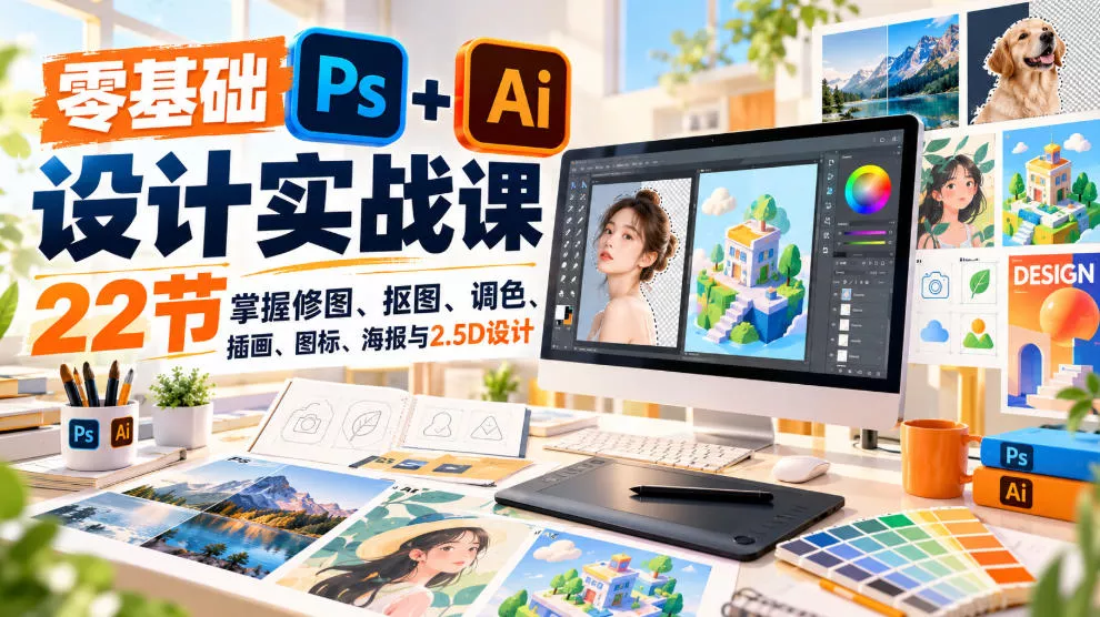 【无水印】零基础PS+AI设计实战课｜22节掌握修图、抠图、调色、插画、图标、海报与2.5D设计-奇点库