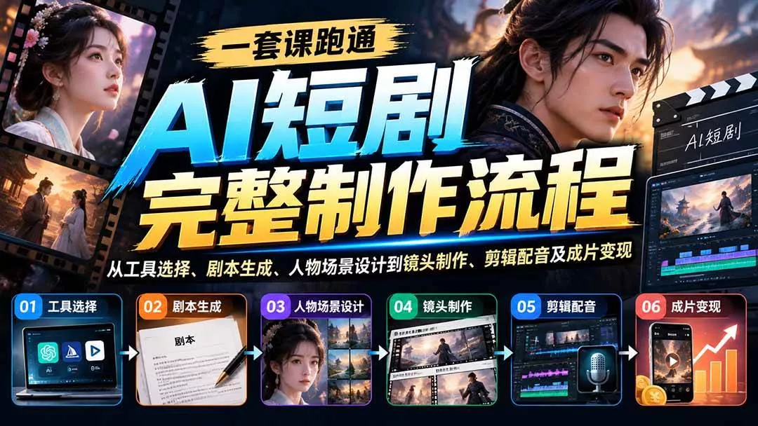 （20742期）一套课跑通AI短剧完整制作流程：从工具选择、剧本生成、人物场景设计到镜头制作、剪辑配音及成片变现-奇点库