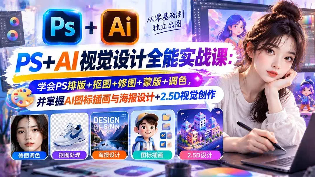（20749期）【无水印】PS+AI视觉设计全能实战课：学会PS排版+抠图+修图+蒙版+调色，并掌握AI图标插画与海报设计+2.5D视觉创作-奇点库