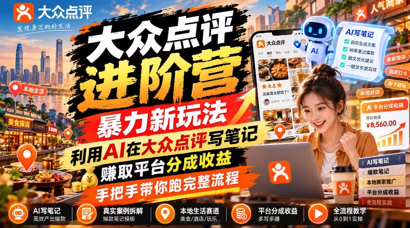 大众点评进阶营，暴力新玩法，利用AI在大众点评写笔记， 賺取平台分成收益，手把手带你跑完整流程-奇点库