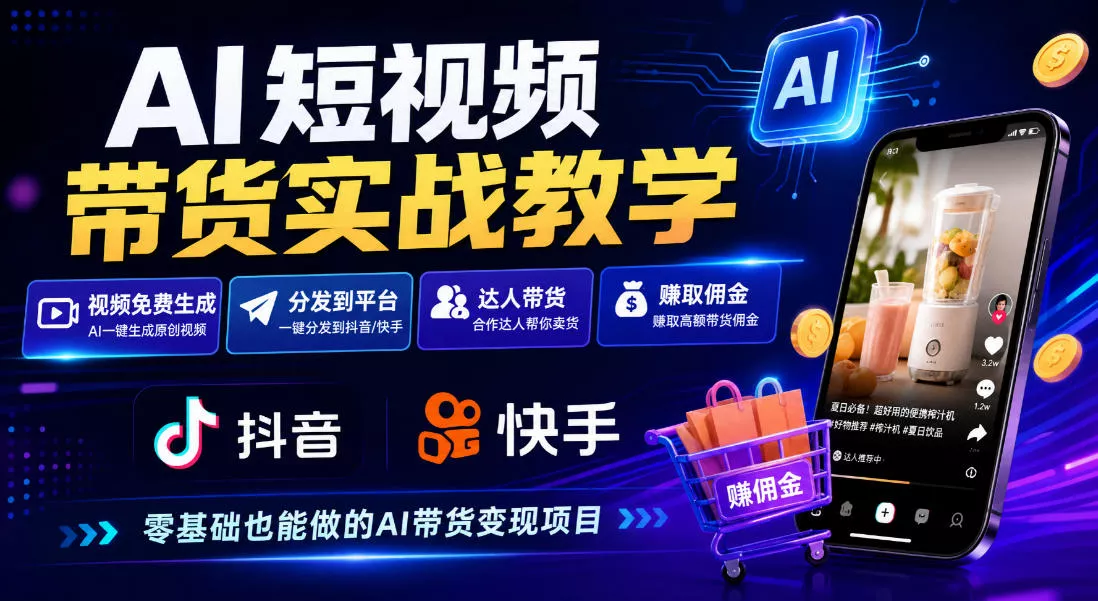 AI短视频带货实战教学，视频免费生成，分发到抖音快手平台，达人带货賺佣金-奇点库