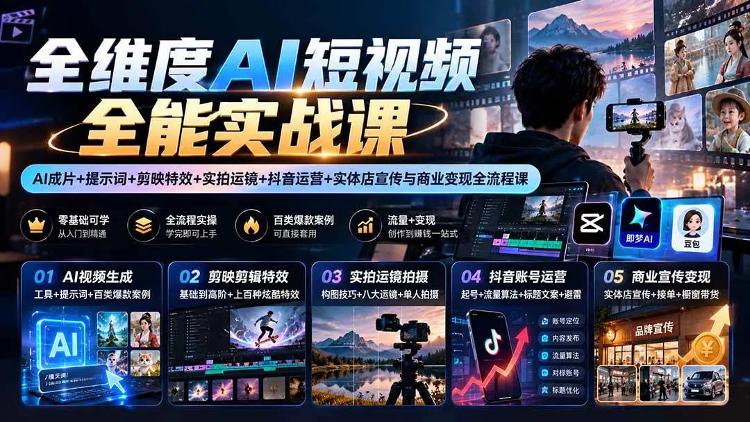 (20768期)【无水印】全维度AI短视频全能实战课:AI成片+提示词+剪映特效+实拍运镜+抖音运营+实体店宣传与商业变现全流程课 (20768期)【无水印】全维度AI短视频全能实战课:AI成片+提示词+剪映特效+实拍运镜+抖音运营+实体店宣传与商业变现全流程课