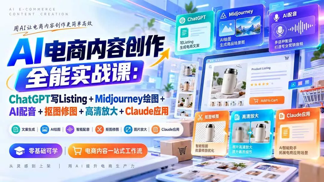 （20770期）【无水印】AI电商内容创作全能实战课：ChatGPT写Listing+Midjourney绘图+AI配音+抠图修图+高清放大+Claude应用-奇点库