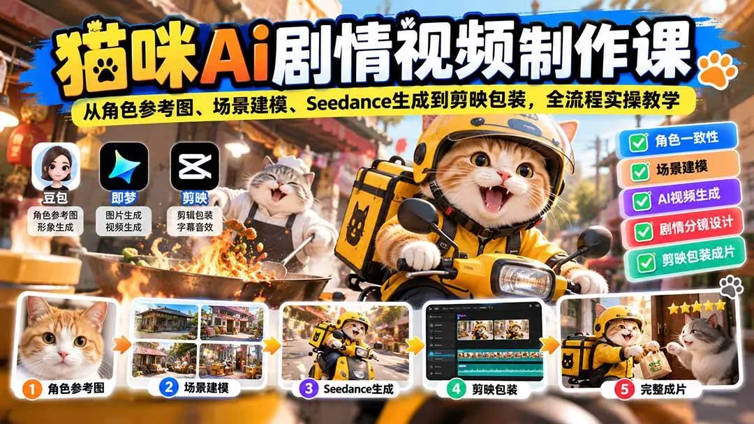 （20793期）猫咪AI剧情视频制作课：从角色参考图、场景建模、Seedance生成到剪映包装，全流程实操教学-奇点库