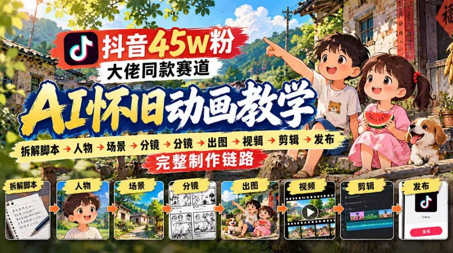 抖音45W粉大佬同款赛道AI怀旧动画实战课：拆解脚本→人物→场景→分镜→出图→视频→剪辑→发布完整制作链路-奇点库