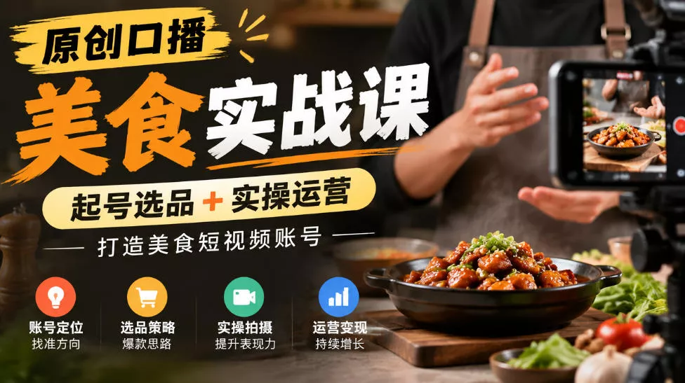 原创口播美食实战课，起号选品+实操运营，打造美食短视频账号-奇点库