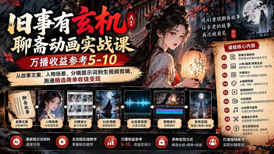 （20789期）旧事有玄机AI聊斋动画实战9月新课：万播收益参考5-10，从故事文案、人物场景到分镜生视频，跑通精选商单收徒-奇点库