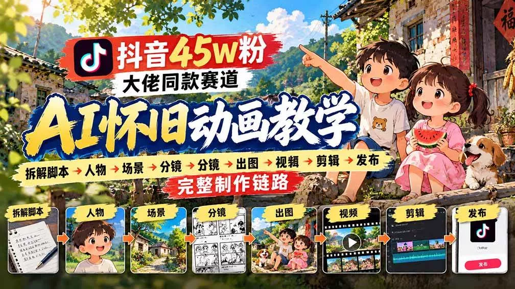 (20781期)抖音45W粉大佬同款赛道AI怀旧动画教学:拆解脚本→人物→场景→分镜→出图→视频→剪辑→发布完整制作链路 (20781期)抖音45W粉大佬同款赛道AI怀旧动画教学:拆解脚本→人物→场景→分镜→出图→视频→剪辑→发布完整制作链路