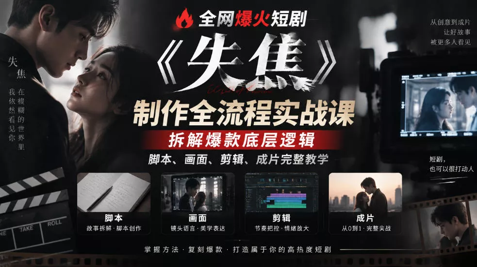 全网爆火短剧《失焦》制作全流程实战课|拆解爆款底层逻辑,脚本、画面、剪辑、成片完整教学-奇点库