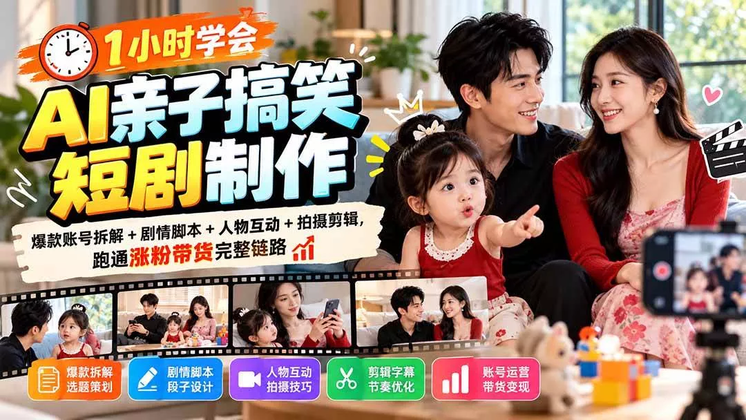 （20807期）1小时学会AI亲子搞笑短剧制作：爆款账号拆解+剧情脚本+人物互动+拍摄剪辑，跑通涨粉带货完整链路-奇点库