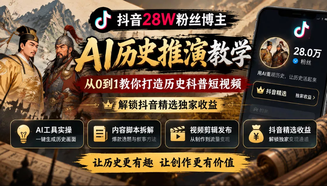 抖音28W粉丝博主的AI历史推演教学，从0到1教你打造历史科普短视频，解锁抖音精选独家收益-奇点库