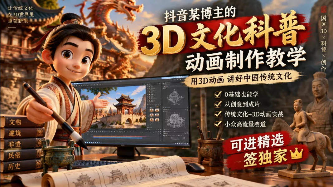 抖音某博主的3D文化科普动画制作教学,用3D动画呈现中国传统文化,可进精选签独家,单日收益1k+-奇点库