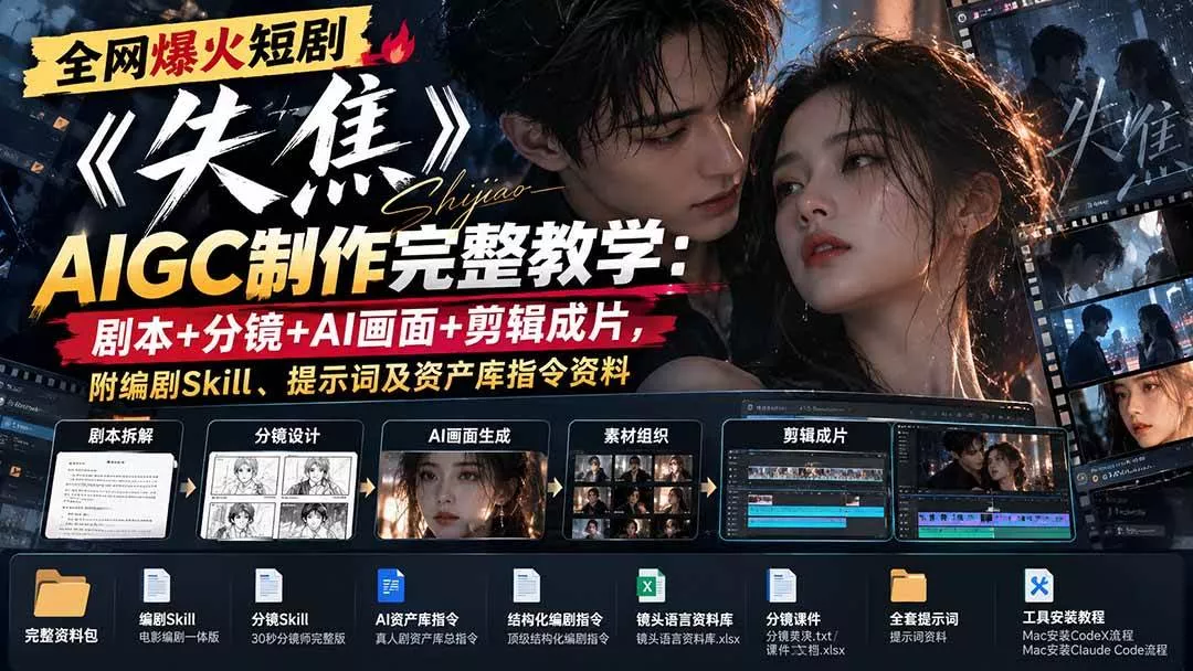 (20805期)全网爆火短剧《失焦》AIGC制作完整教学:剧本+分镜+AI画面+剪辑成片,附编剧Skill、提示词及资产库指令资料-奇点库