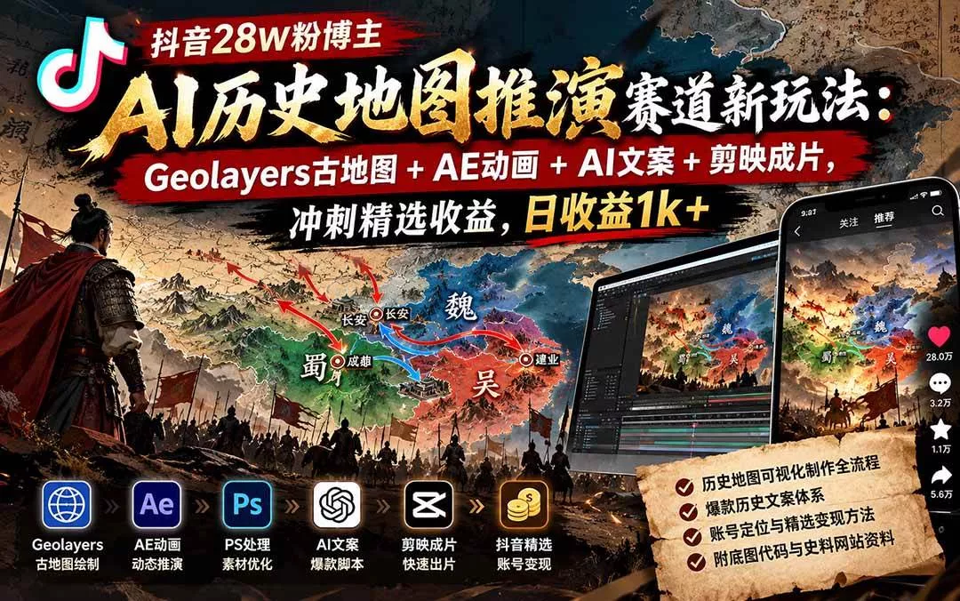 （20809期）抖音28W粉博主AI历史地图推演赛道新玩法：Geolayers古地图+AE动画+AI文案+剪映成片，冲刺精选收益，日收益1k+-奇点库