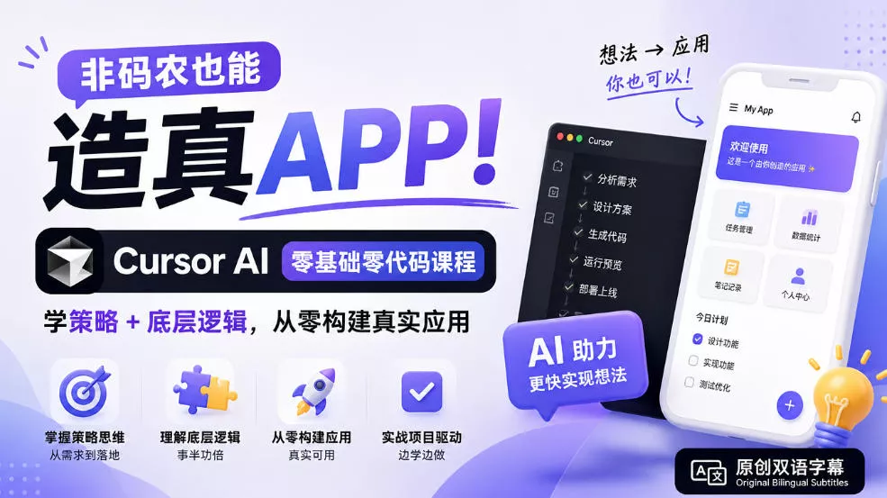 非码农也能造真APP!Cursor AI零基础零代码课程:学策略+底层逻辑,从零构建真实应用【原创双语字幕】-奇点库