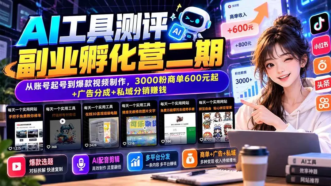 (20799期)AI工具测评副业孵化营二期:从账号起号到爆款视频制作,3000粉商单600元起+广告分成+私域分销赚钱-奇点库
