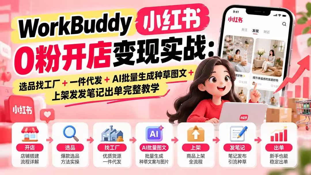 (20801期)WorkBuddy小红书0粉开店变现实战:选品找工厂+一件代发+AI批量生成种草图文+上架发发笔记出单完整教学-奇点库
