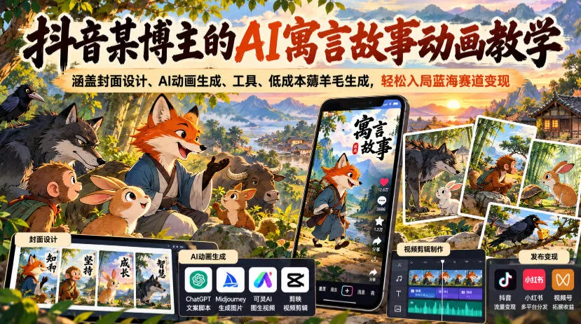 抖音某博主的AI寓言故事动画教学，涵盖封面设计、AI动画生成、工具、低成本薅羊毛生成，轻松入局蓝海赛道变现-奇点库
