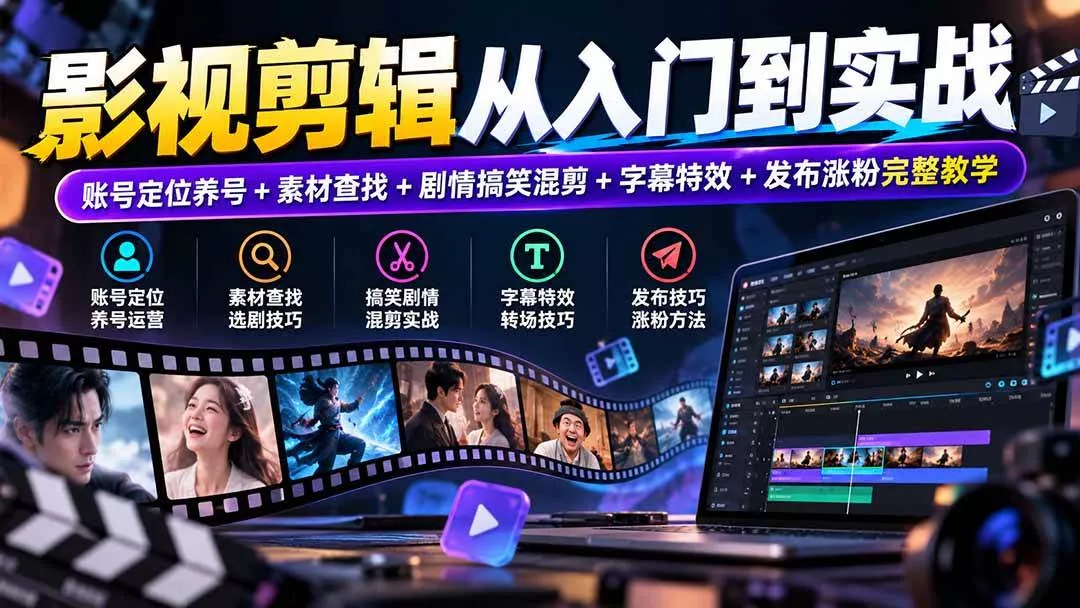 (20812期)影视剪辑从入门到实战:账号定位养号+素材查找+剧情搞笑混剪+字幕特效+发布涨粉完整教学-奇点库
