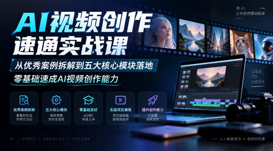 AI视频创作速通实战课｜从优秀案例拆解到五大核心模块落地，零基础速成AI视频创作能力-奇点库
