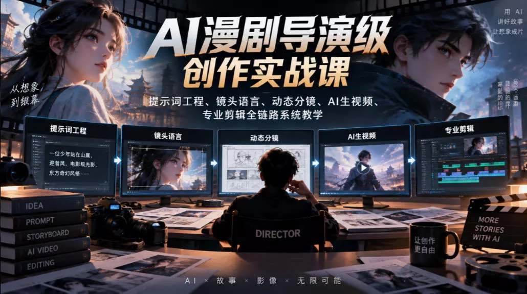 AI漫剧导演级创作实战课｜提示词工程、镜头语言、动态分镜、AI生视频、专业剪辑全链路系统教学-奇点库