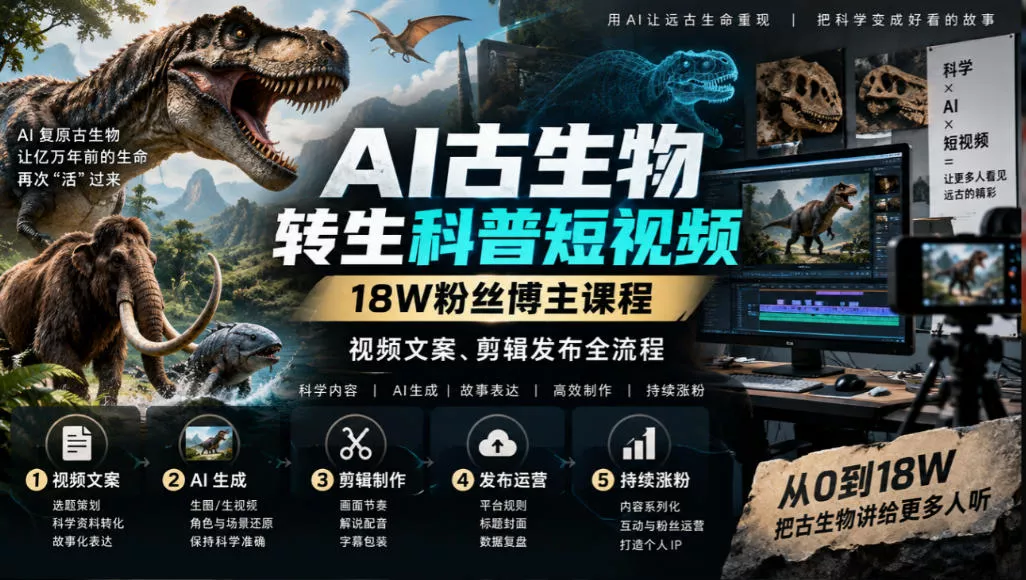 AI古生物转生科普短视频，18W粉丝博主课程，视频文案、剪辑发布全流程-奇点库