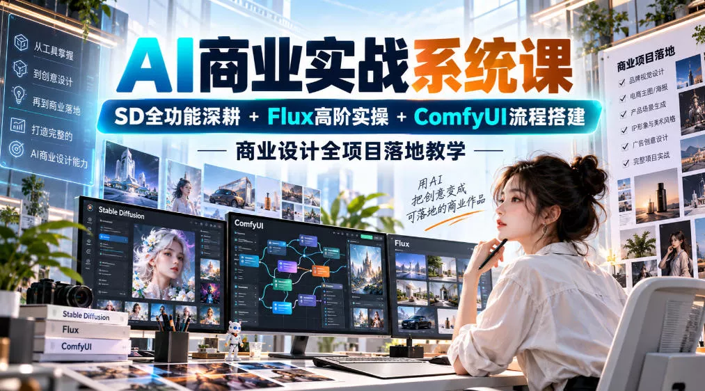 AI商业实战系统课｜SD全功能深耕+Flux高阶实操+Comfyui流程搭建，商业设计全项目落地教学-奇点库
