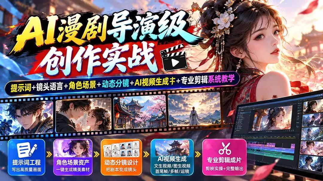 （20814期）AI漫剧导演级创作实战：提示词+镜头语言+角色场景+动态分镜+AI视频生成+专业剪辑系统教学-奇点库