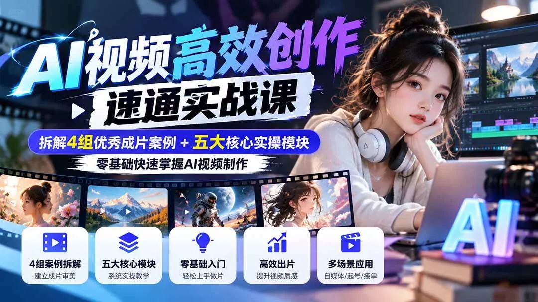 （20819期）【无水印】AI视频高效创作速通实战课：拆解4组优秀成片案例+五大核心实操模块，零基础快速掌握AI视频制作