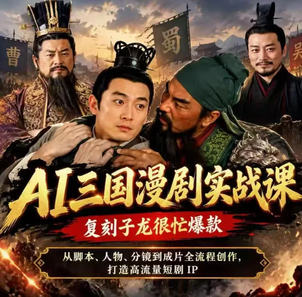 抖音14W粉博主同款AI三国漫剧实战课,复刻子龙很忙爆款,从脚本、人物、分镜到成片全流程创作,打造高流量短剧IP-奇点库